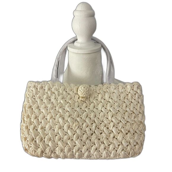 Vintage Mantessa Hand Made Japan Woven Straw Purse Ivory Top Handle Bag - Picture 15 of 15